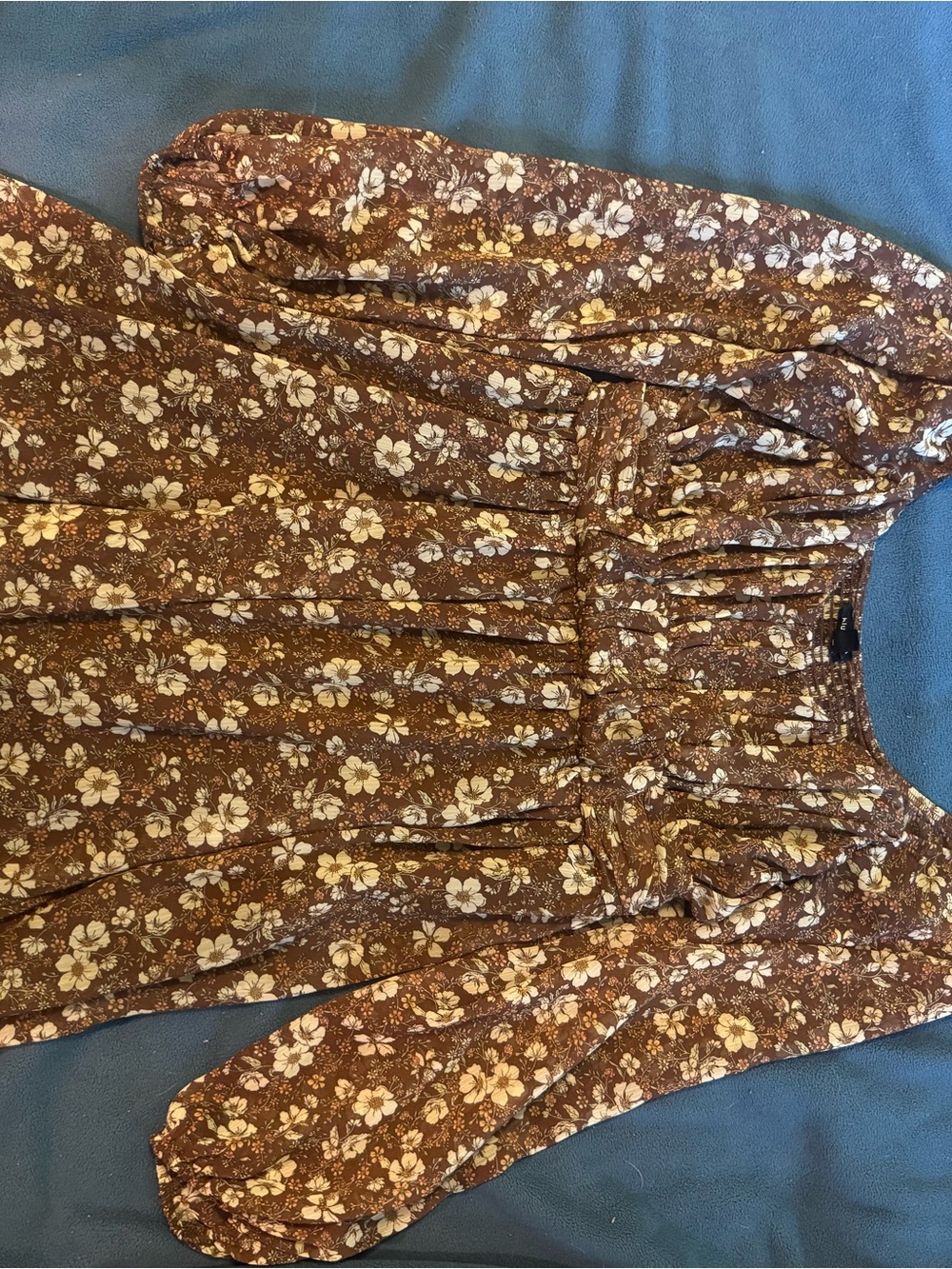 Smocked Brown Floral Long-Sleeve Women's Blouse